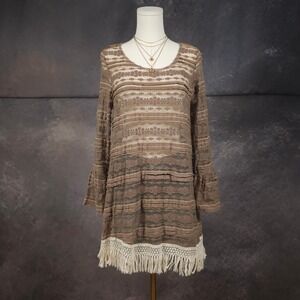 Camille & Co Sheer Lace Tunic Mini Dress Bell Sleeve Fringe Hem Boho Festival M
